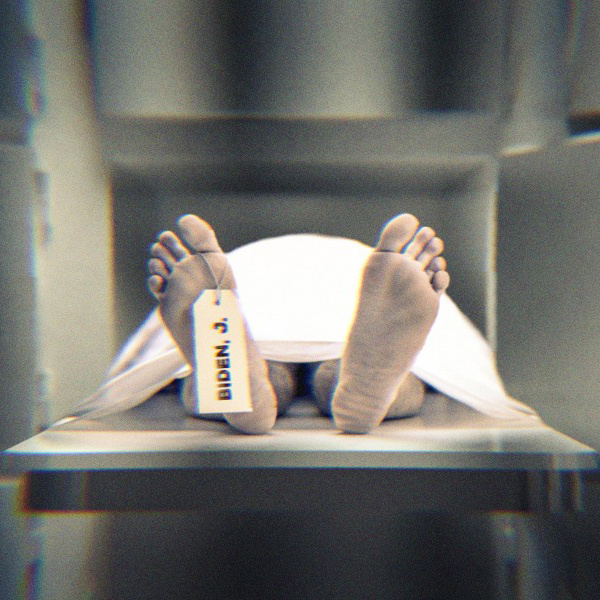 A body in a morgue locker. Feet are sticking out and a toe tag reads, Biden, J..