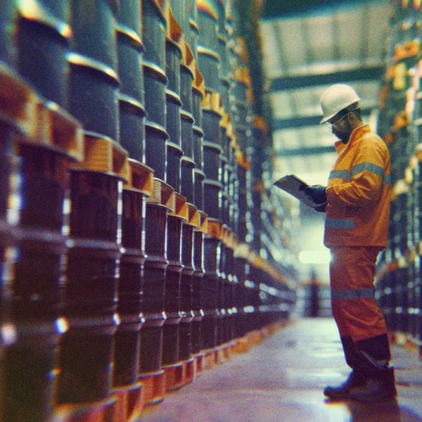 A man standing in a warehouse filled with oil drums