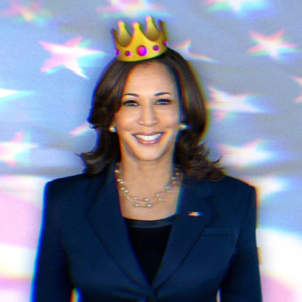 A photo of Kamala Harris wearing an emoji crown. To her left is Donald Trump and to her right is Joe Biden