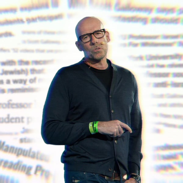A photo of Scott Galloway giving a talk; blurred headlines appear behind him with quotes from his anti-protest interview.