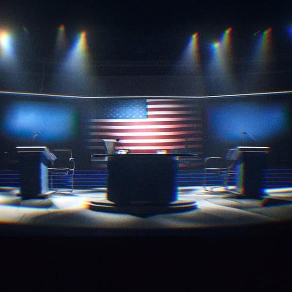 AI generated image of a debate stage with two podiums.