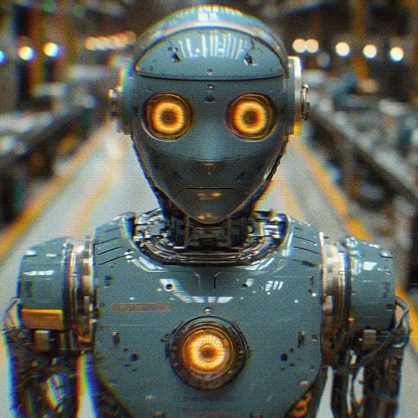 An (intentionally) AI-generated image of a creepy robot standing in a warehouse. Its eyes are glowing yellow and it has a downturned, frowning mouth.