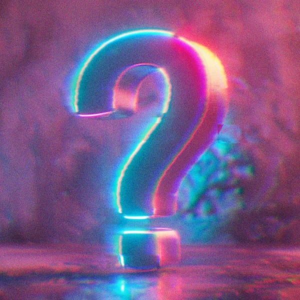 An AI generated image of a neon pink and blue question mark.