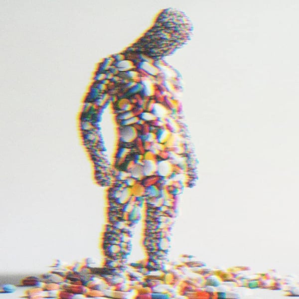 An AI generated image of a person made out of pills.