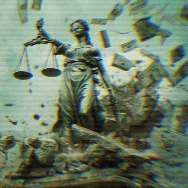 An AI-generated image of a Lady Justice statue crumbling with money flying around her.