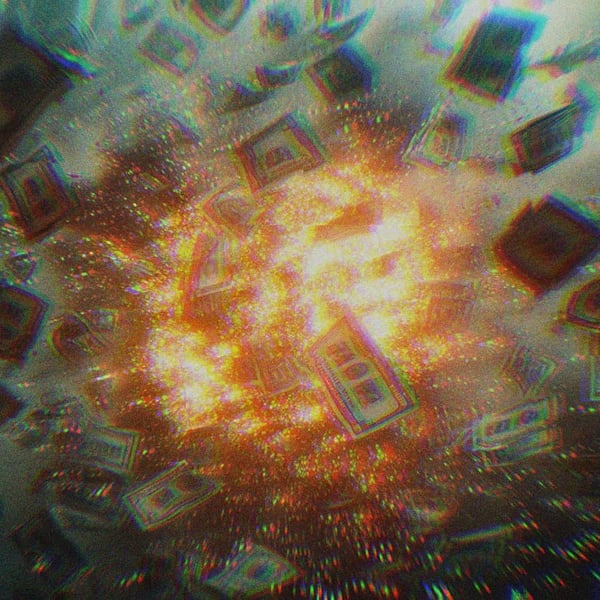 An AI-generated image of money falling from an explosion in the sky.