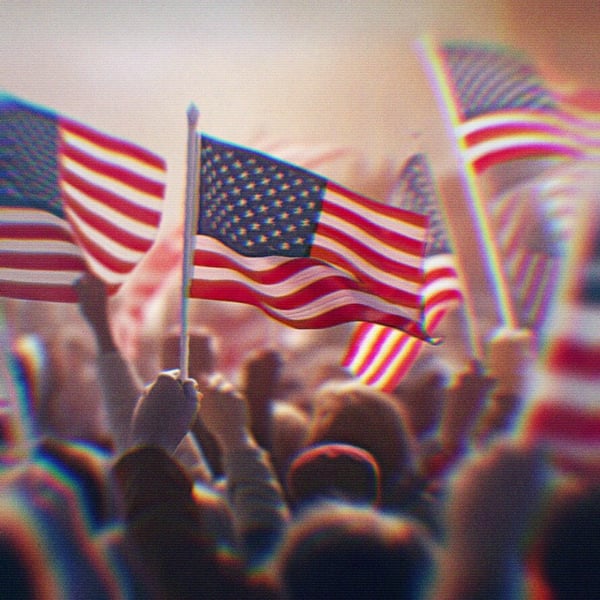 An AI-generated image of people at a demonstration holding American Flags