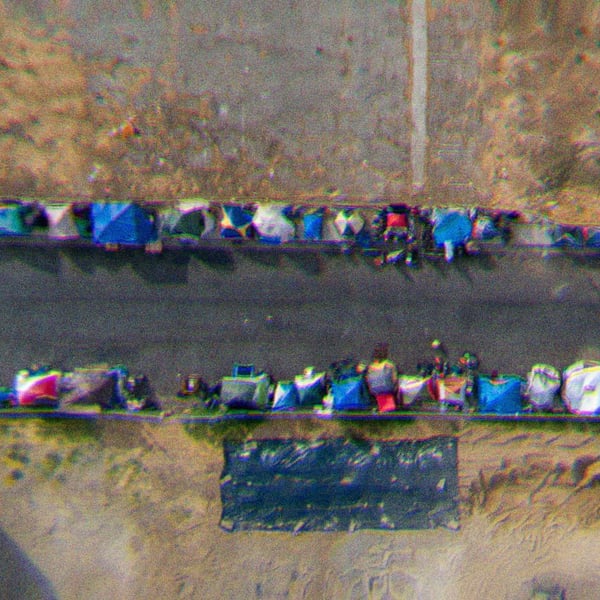 An aerial view of a homeless encampment.