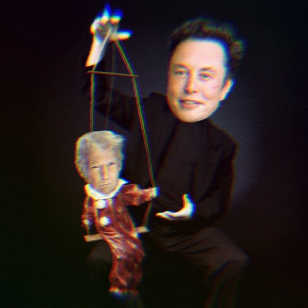 Elon Musk holding a marionette puppet with Trump's head.