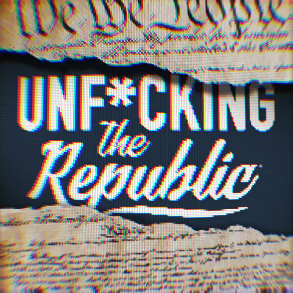 The US Constitution ripped in the middle revealing white text on a blue background that says, ‘Unf*cking the Republic.’ Letters have a glitchy rainbow effect on them.