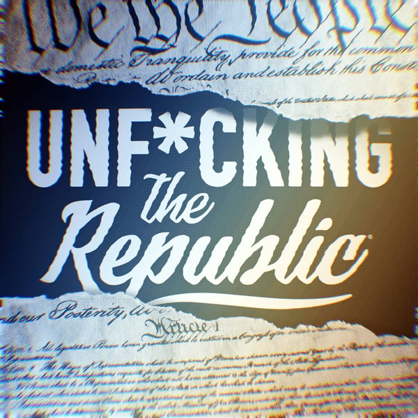 The US Constitution ripped in the middle revealing white text on a blue background that says, ‘Unf*cking the Republic.’ Letters have a glitchy rainbow effect on them.