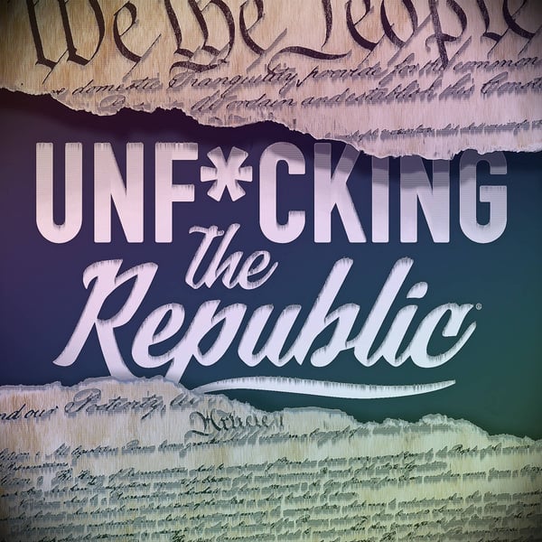 The US Constitution ripped in the middle revealing white text on a blue background that says, ‘Unf*cking the Republic.’ Letters have a glitchy rainbow effect on them.