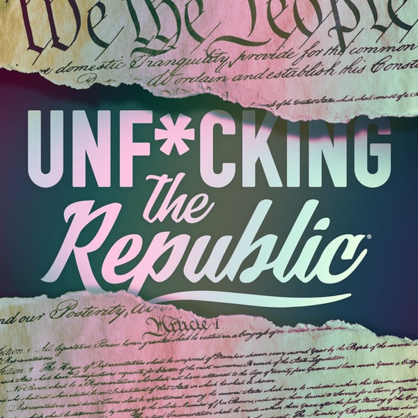 The US Constitution ripped in the middle revealing white text on a blue background that says, ‘Unf*cking the Republic.’ Letters have a glitchy rainbow effect on them.