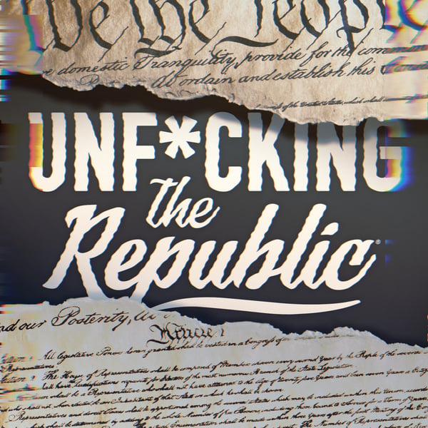 The US Constitution ripped in the middle revealing white text on a blue background that says, ‘Unf*cking the Republic.’ Letters have a glitchy rainbow effect on them.