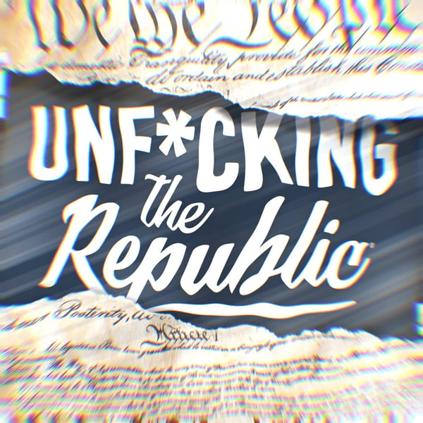 The US Constitution ripped in the middle revealing white text on a blue background that says, ‘Unf*cking the Republic.’ Letters have a glitchy rainbow effect on them.