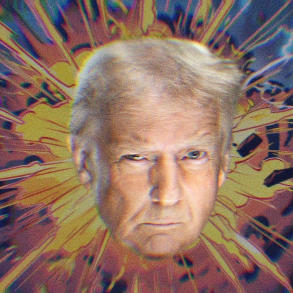 Trumps head on a cartoon-y explosion background.