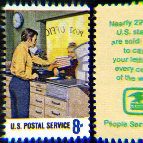 Vintage 8 cent post office stamps; One is an illustration of a man buying stamps, the other is a mailman collecting the mail. Stamps are accompanied by text that says 'Nearly 27 billion U.S. stamps are sold yearly to carry your letters to every corner of the world' with the U.S. Mail seal and text that says, 'People Serving You.'
