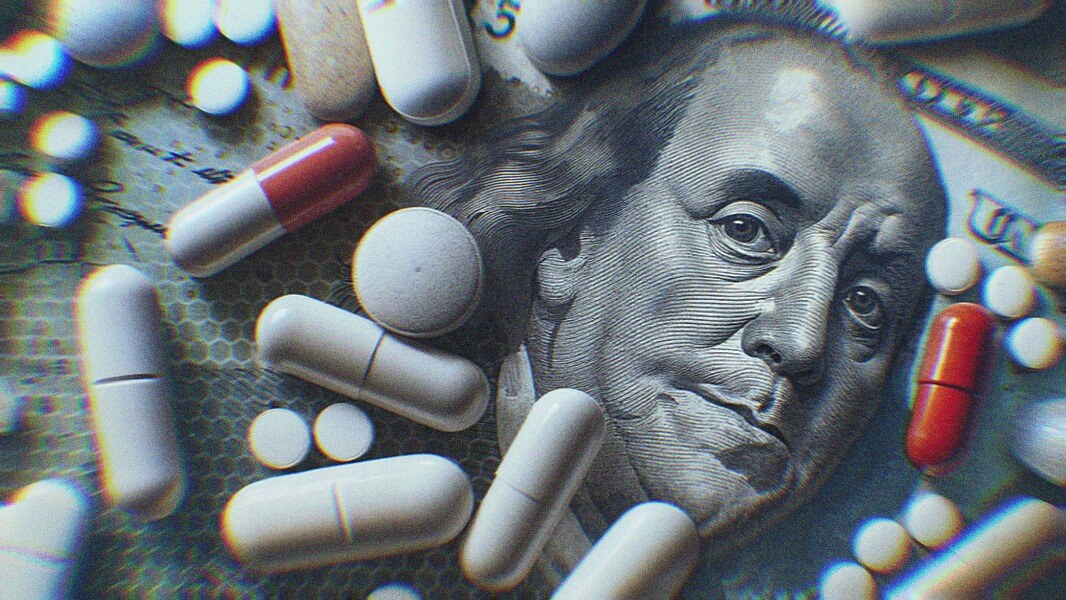 A $100 bill covered in pills