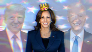 A photo of Kamala Harris wearing an emoji crown. To her left is Donald Trump and to her right is Joe Biden.