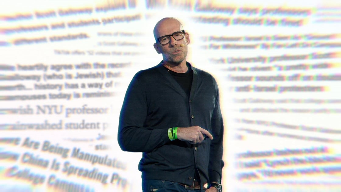 A photo of Scott Galloway giving a talk; blurred headlines appear behind him with quotes from his anti-protest interview