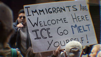 A sign from a 2018 protest that says 'Immigrants Are Welcome Here. ICE Go Melt Yourself.'