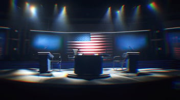 AI generated image of a debate stage with two podiums.