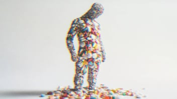 An AI generated image of a person made out of pills.