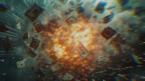 An AI-generated image of money falling from an explosion in the sky.