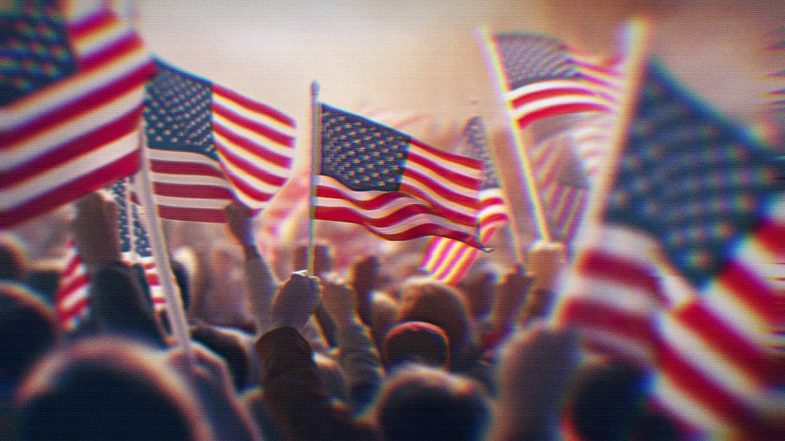 An AI-generated image of people at a demonstration holding American Flags..