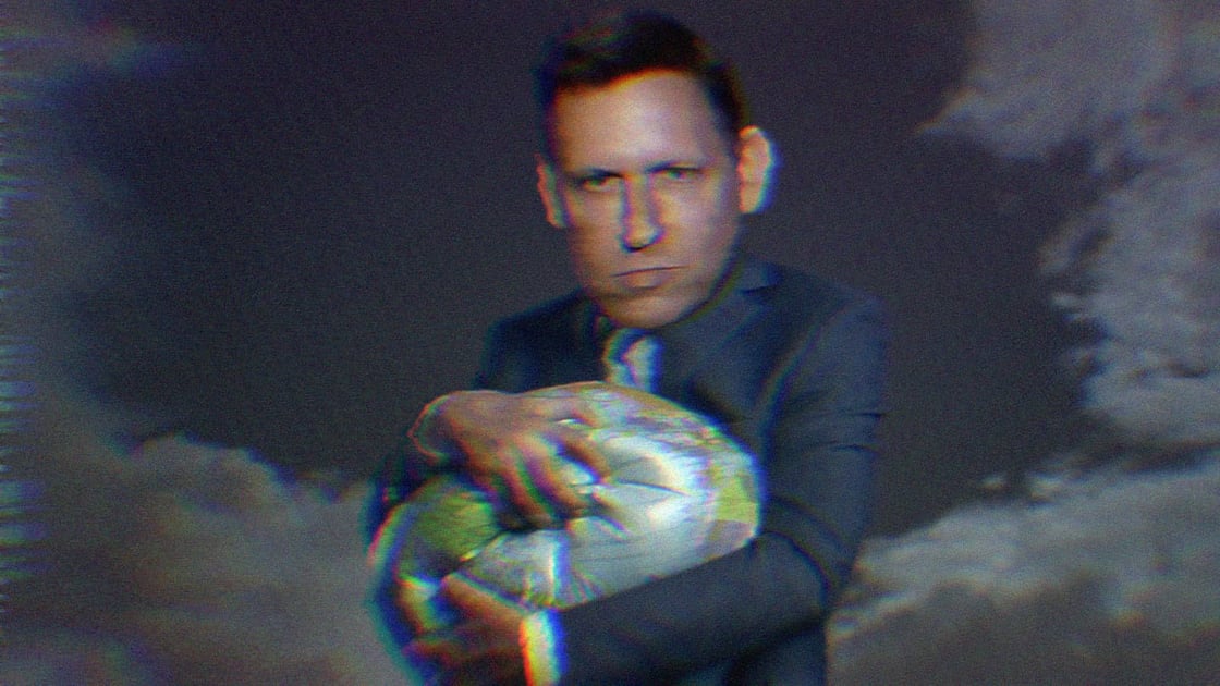 Composite image of Peter Thiel holding an inflatable globe and crushing it