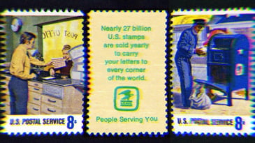 Vintage 8 cent post office stamps; One is an illustration of a man buying stamps, the other is a mailman collecting the mail. Stamps are accompanied by text that says 'Nearly 27 billion U.S. stamps are sold yearly to carry your letters to every corner of the world' with the U.S. Mail seal and text that says, 'People Serving You.'
