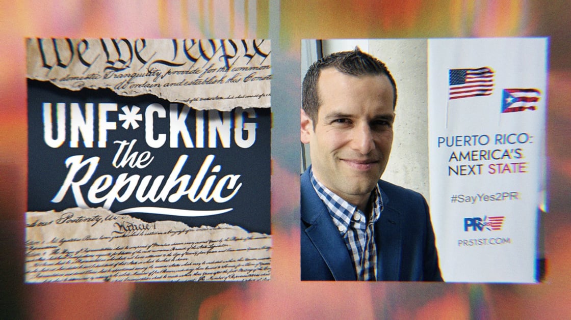 Podcast art for Unf*cking The Republic alongside a photo of George Laws García and a sign that says Puerto Rico- Americas Next State #SayYes2PR.