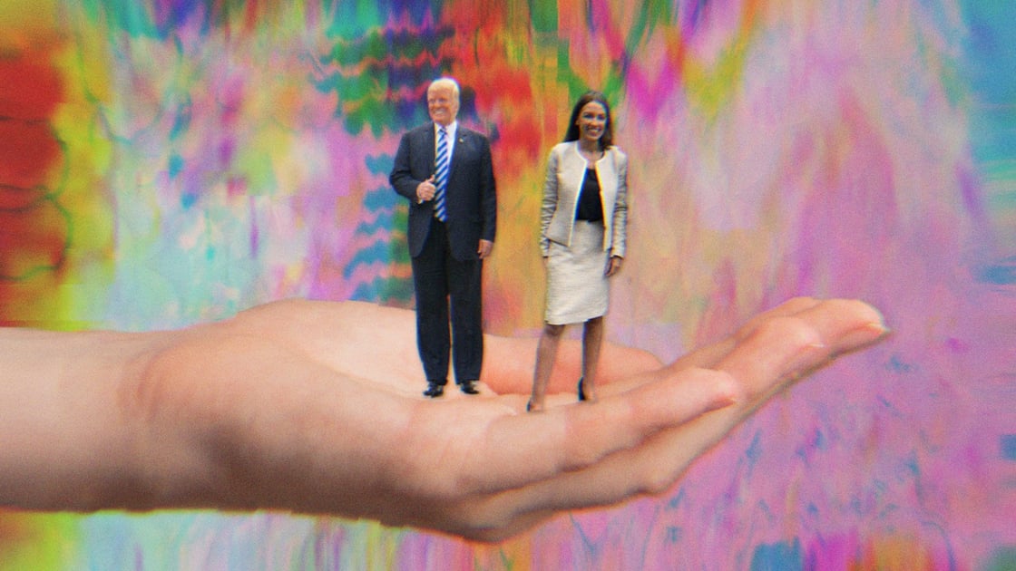 Someone holding small versions of Donald Trump and AOC in their hand