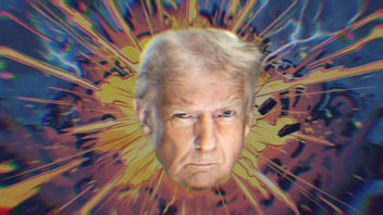 Trump's head on a cartoon-y explosion background.