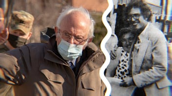 A photo of Bernie Sanders speaking at an event in 2021, wearing a mask, alongside a photo from Bernie’s gubernatorial campaign in the early-mid ‘70s.