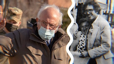 A photo of Bernie Sanders speaking at an event in 2021, wearing a mask, alongside a photo from Bernie’s gubernatorial campaign in the early-mid ‘70s.