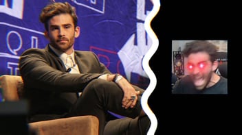 A photo of Hasan Piker sitting at a conference alongside his YouTube avatar, which his him screaming with red lasers coming out of his eyes.