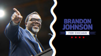 An image of Brandon Johnson smiling and pointing at a podium, alongside his campaign logo that says Brandon Johnson For Chicago.