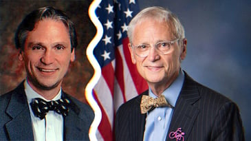 Earl Blumenauer in 1997 and again in 2019. He wears a bowtie in both photos.