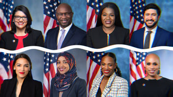 Official House portraits of Alexandria Ocasio-Cortez, Ilhan Omar, Ayanna Pressley, Rashida Tlaib, Jamaal Bowman, Cori Bush, Greg Casar, and Summer Lee