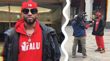 Two photos of Christian Smalls wearing a red Amazon Labor Union hoodie.