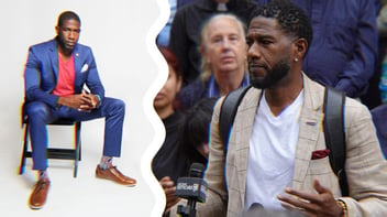Two photos of Jumaane Williams; the first is Williams sitting in a chair, the second is Williams speaking at a rally.