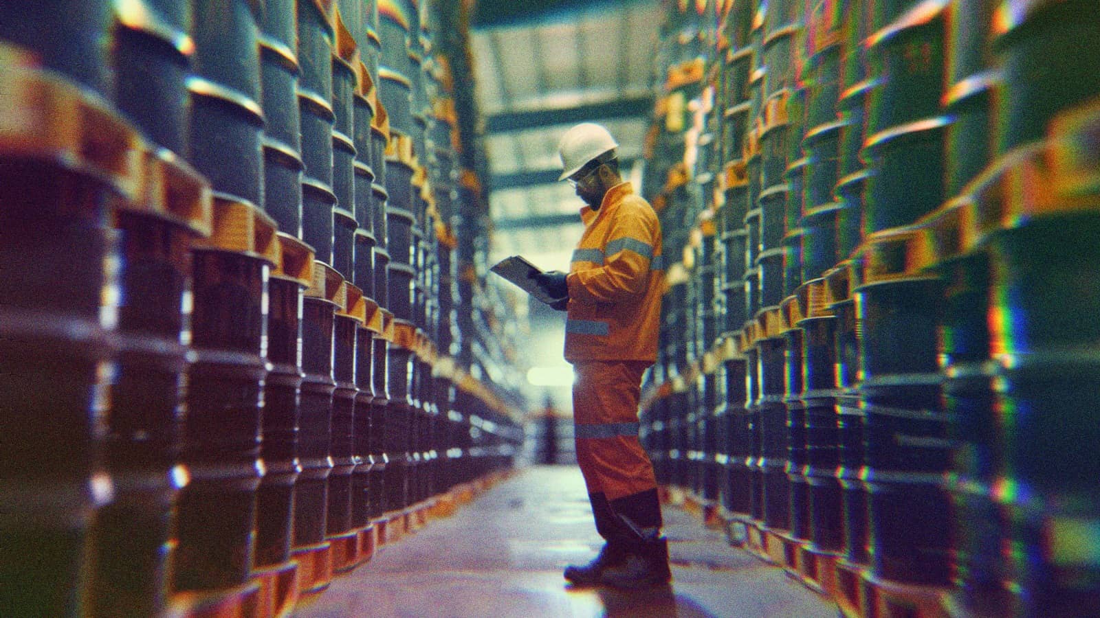 A man standing in a warehouse filled with oil drums.