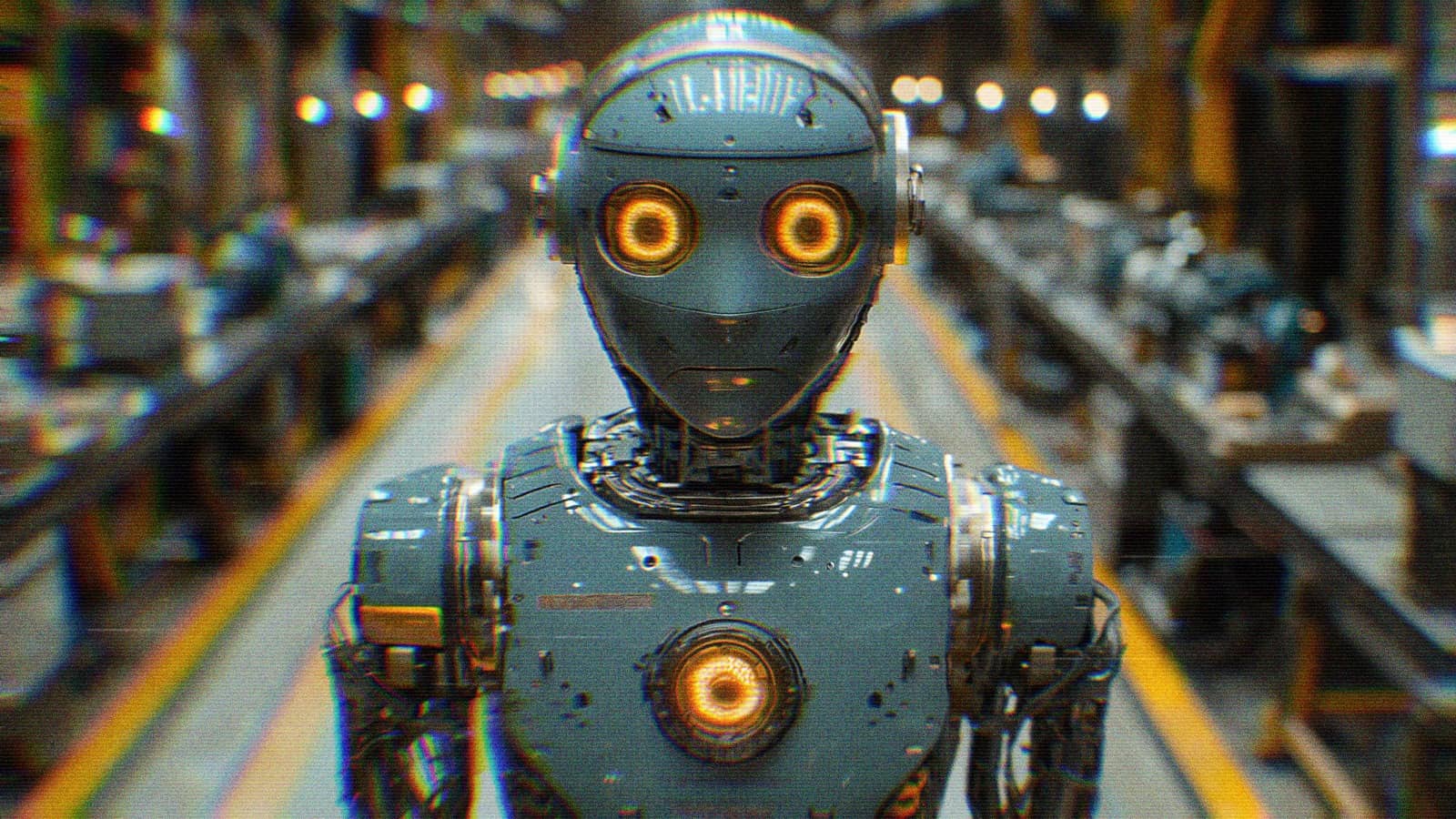 An (intentionally) AI-generated image of a creepy robot standing in a warehouse. Its eyes are glowing yellow and it has a downturned, frowning mouth.