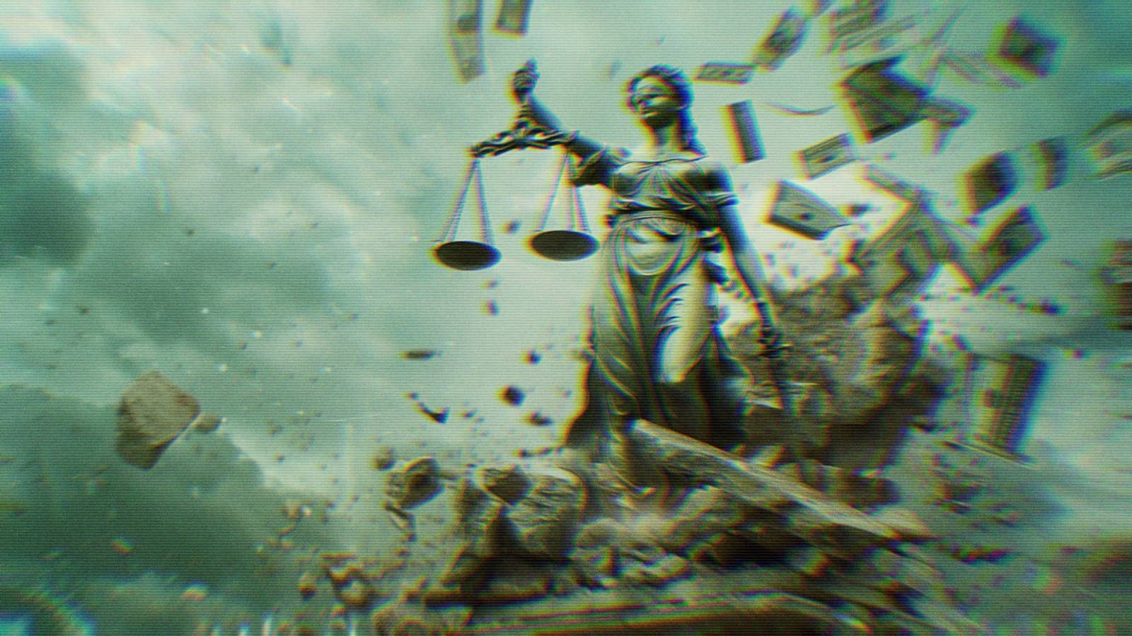 An AI-generated image of a Lady Justice statue crumbling with money flying around her.