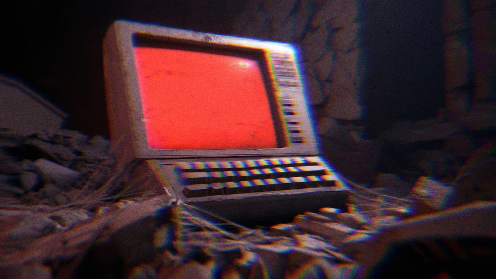 An AI-generated image of a vintage computer with a glowing red screen sitting in rubble.