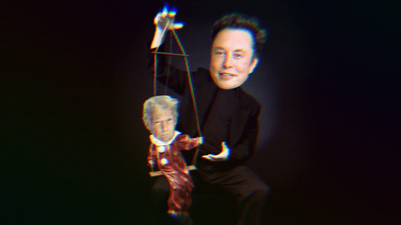 Elon Musk holding a marionette puppet with Trump's head.