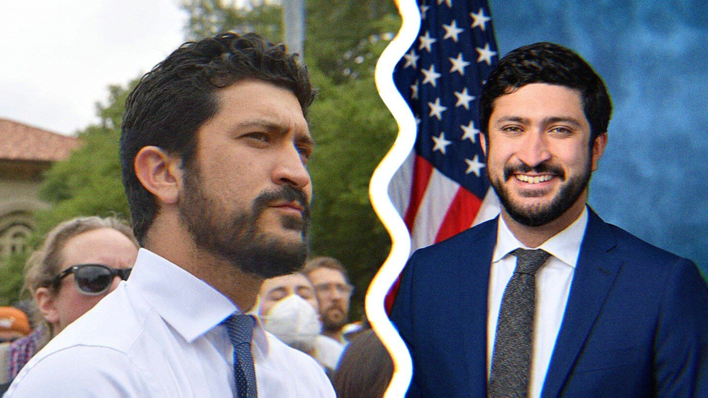 A photo of Greg Casar at a pro Palestine rally alongside his official Congressional portrait.