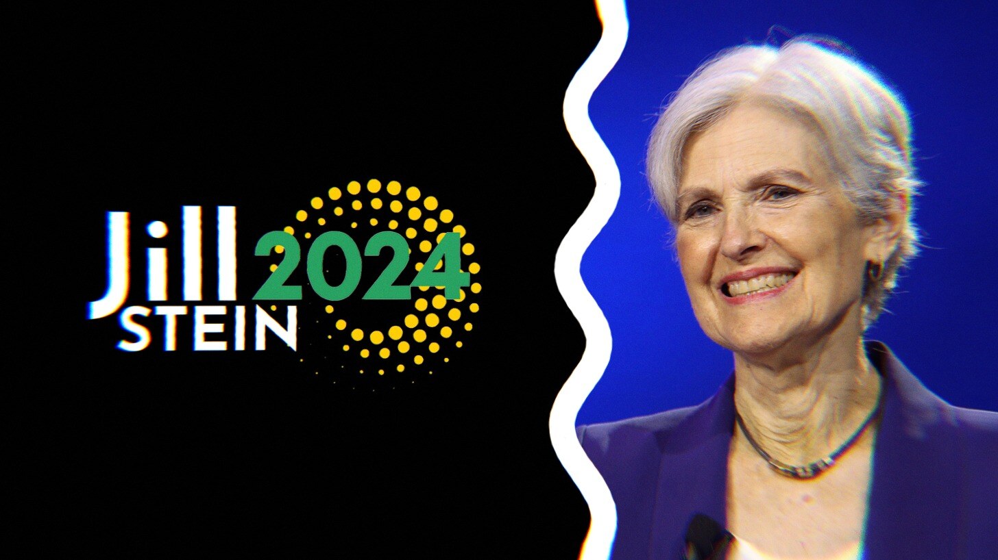 A photo of Jill Stein smiling alongside her 2024 Presidential campaign logo.