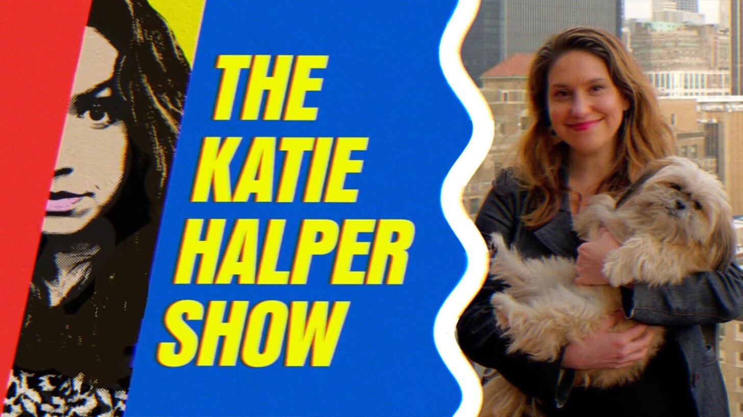 The logo for The Katie Halper Show alongside a photo of Katie with her dog, Bodhi.